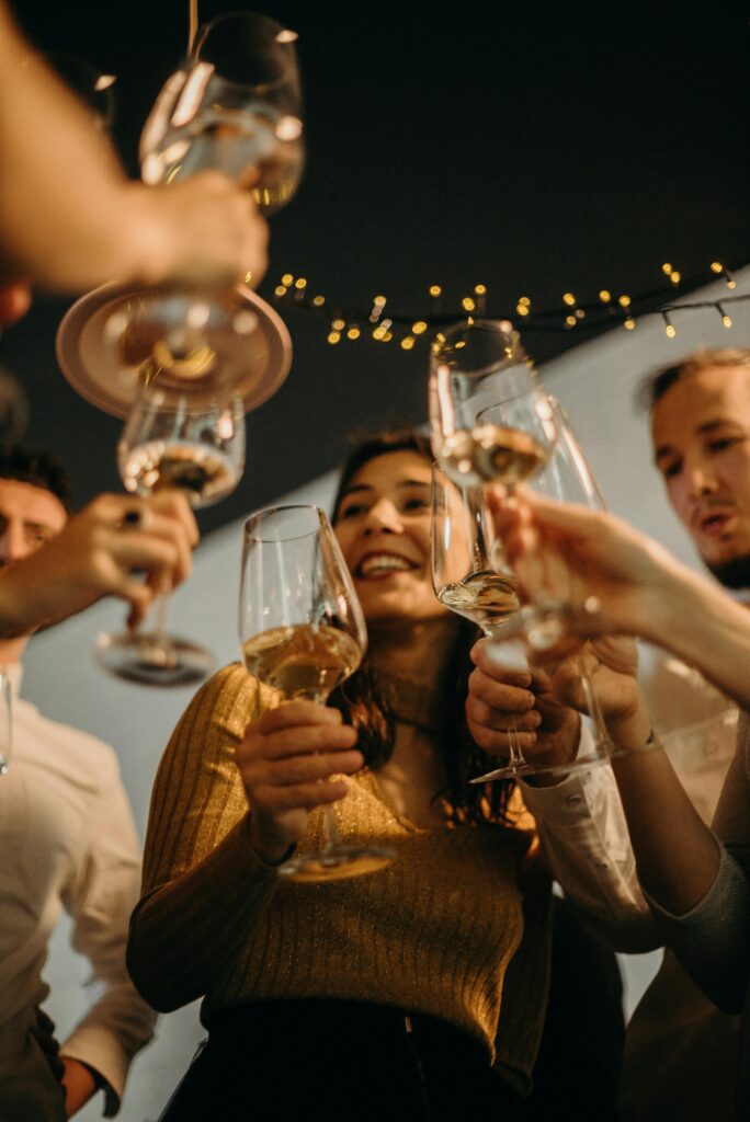 Friends celebrating with a wine toast at an indoor night party, cheerful atmosphere.